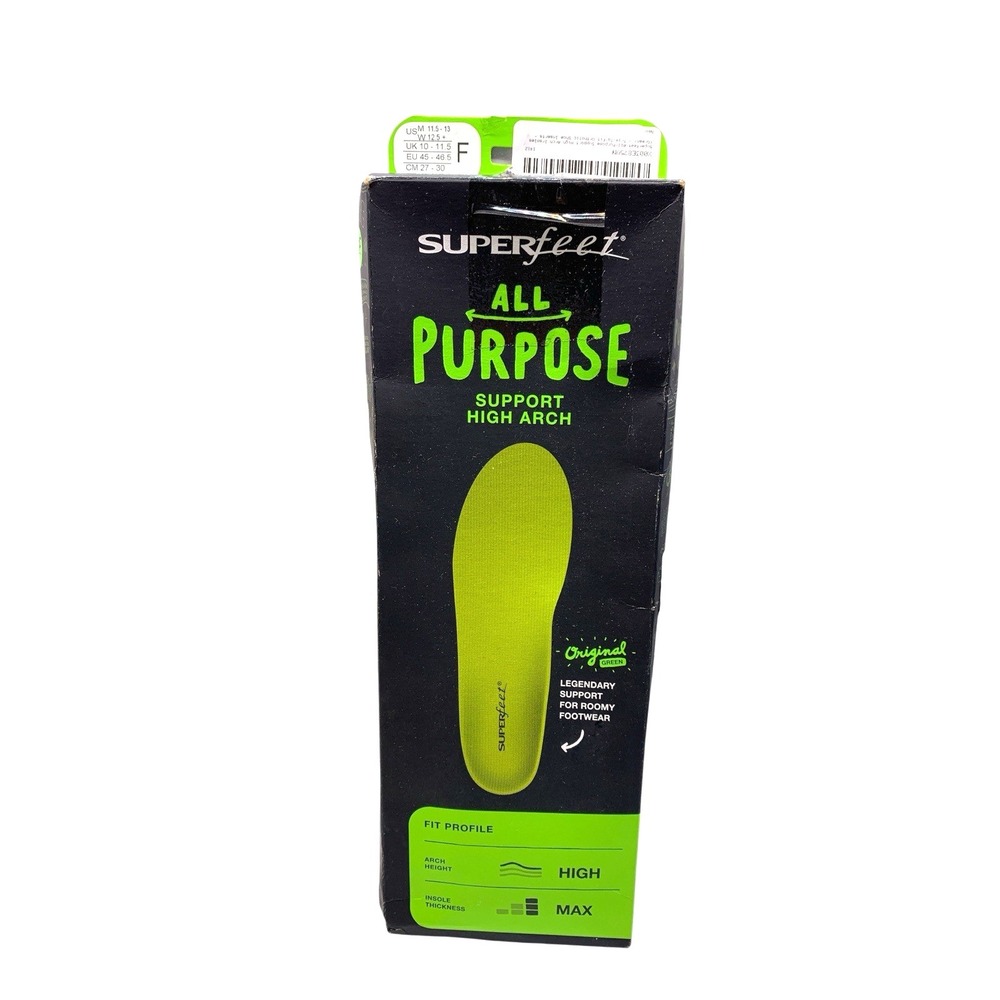 Superfeet All-Purpose Support High Arch Insoles Green F (M 11.5-13, W 12.5+)